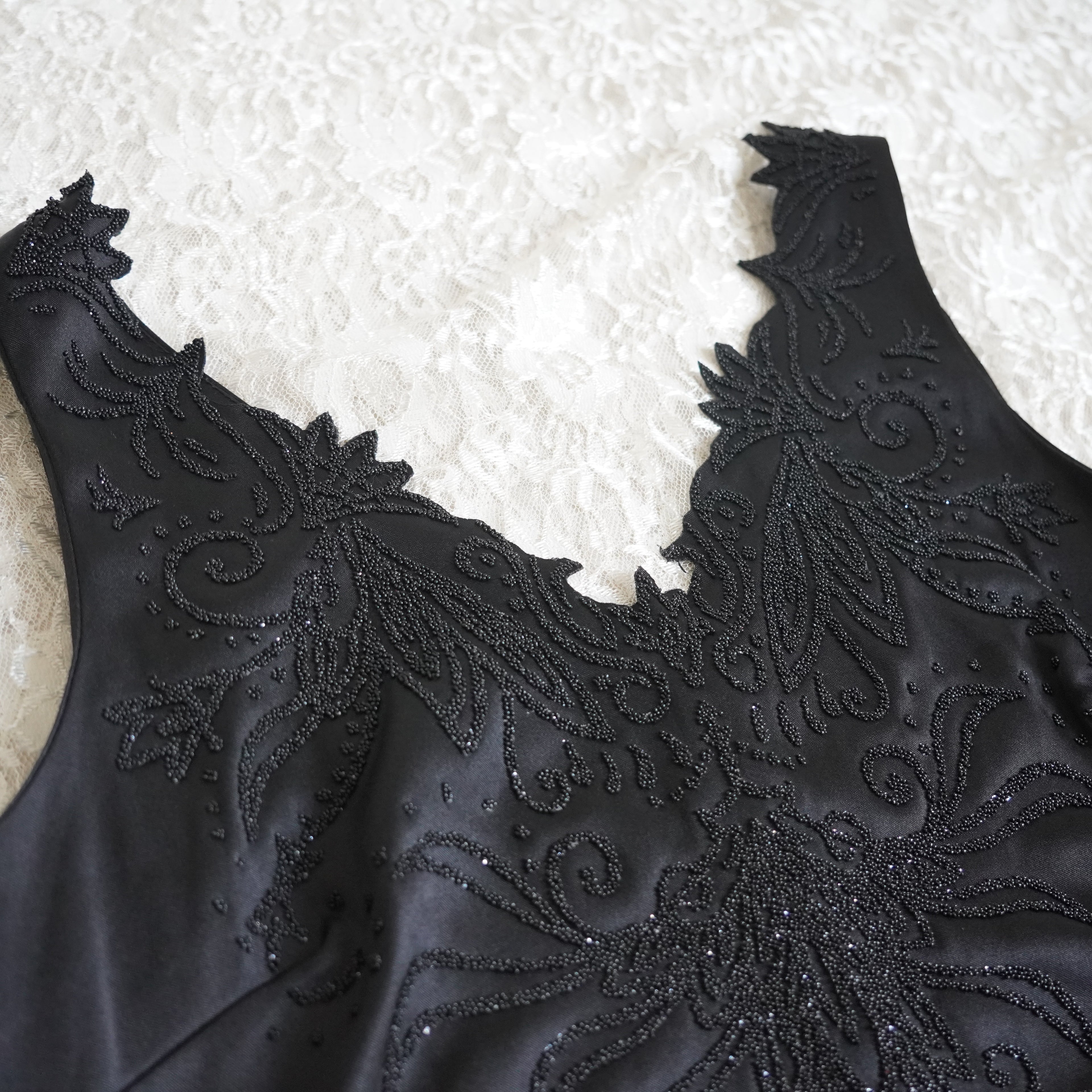 CDC Black Beaded Deep V Evening Gown