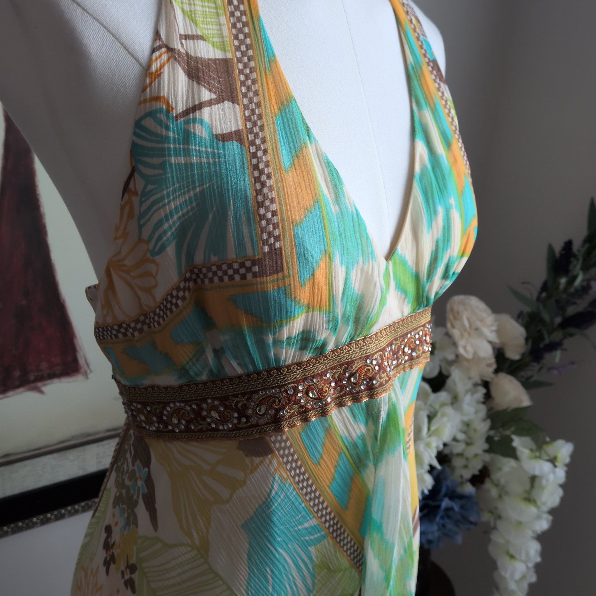 Nicole Miller Studio 100% Silk Halter Maxi Dress Tropical Beaded Empire Waist Size 4