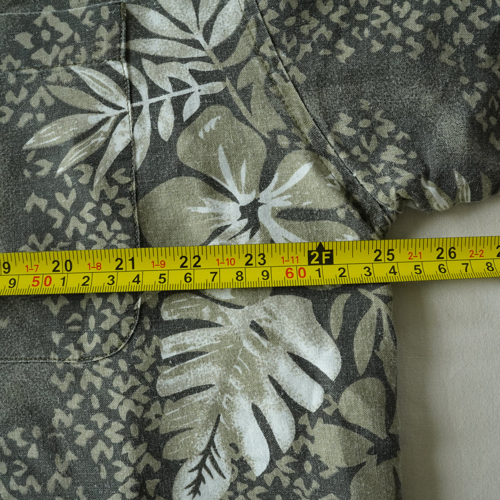 Vintage Bugle Boy Hawaiian Camp Shirt Gray Floral Ramie Cotton Button-Up | XL