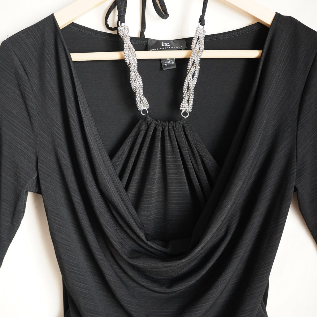 Y2K iZ Byer California Black Cowl Neck Halter Beaded Going Out Top M NWT