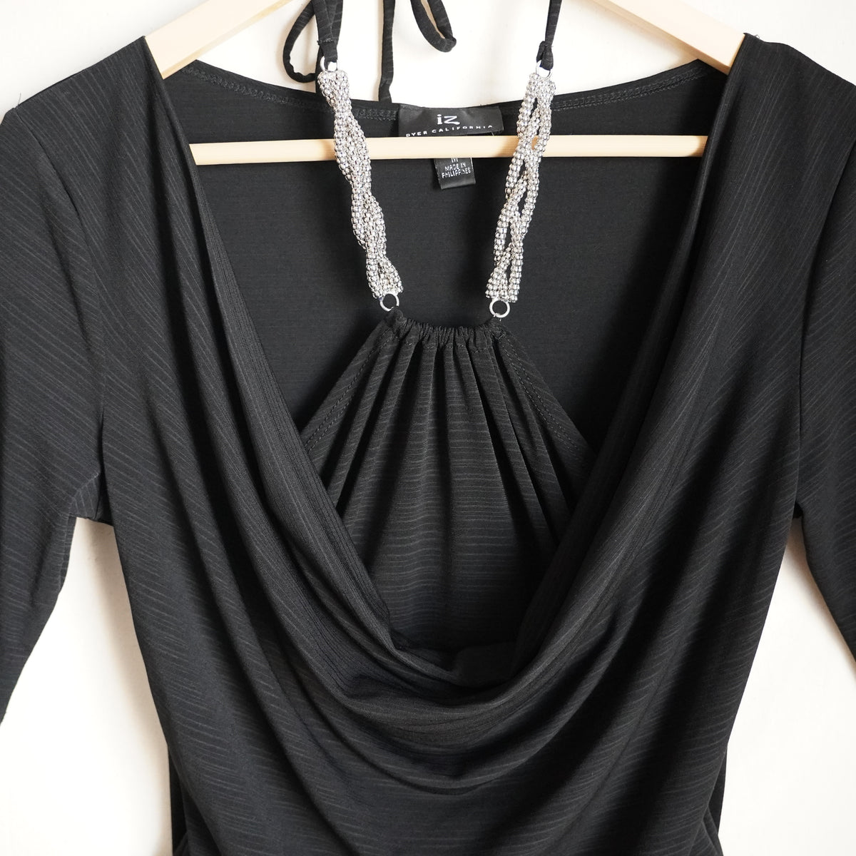Y2K iZ Byer California Black Cowl Neck Halter Beaded Going Out Top M NWT