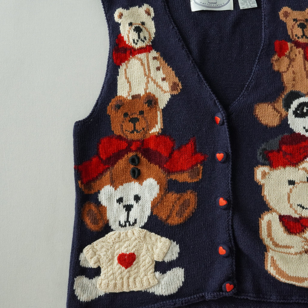 Vintage Eagle's Eye Teddy Bear Knit Sweater Vest Navy Ramie Cotton Cardigan – Size Small