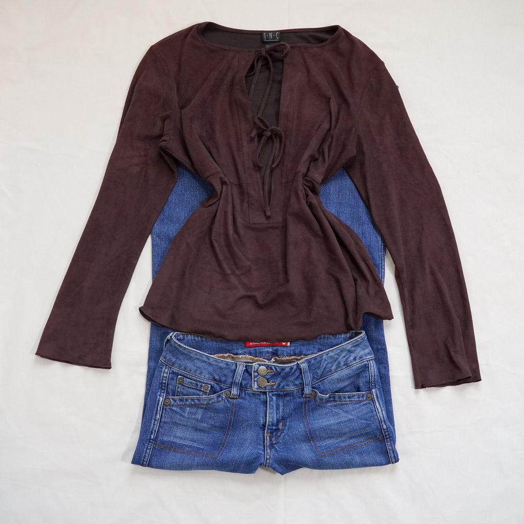 INC International Concepts Faux Suede Tie Front Top | Y2K | Medium
