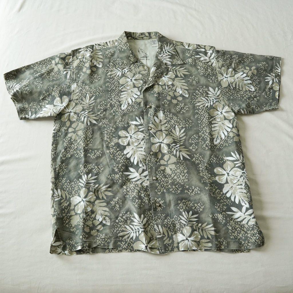 Vintage Bugle Boy Hawaiian Camp Shirt Gray Floral Ramie Cotton Button-Up | XL