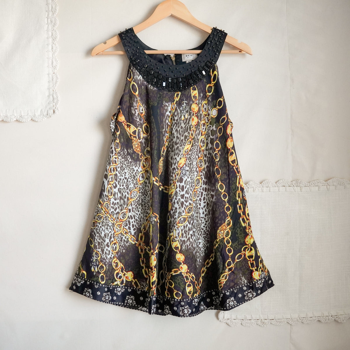 ECI New York Animal Print Gold Chain Jeweled Neck Top | Y2K | Size M
