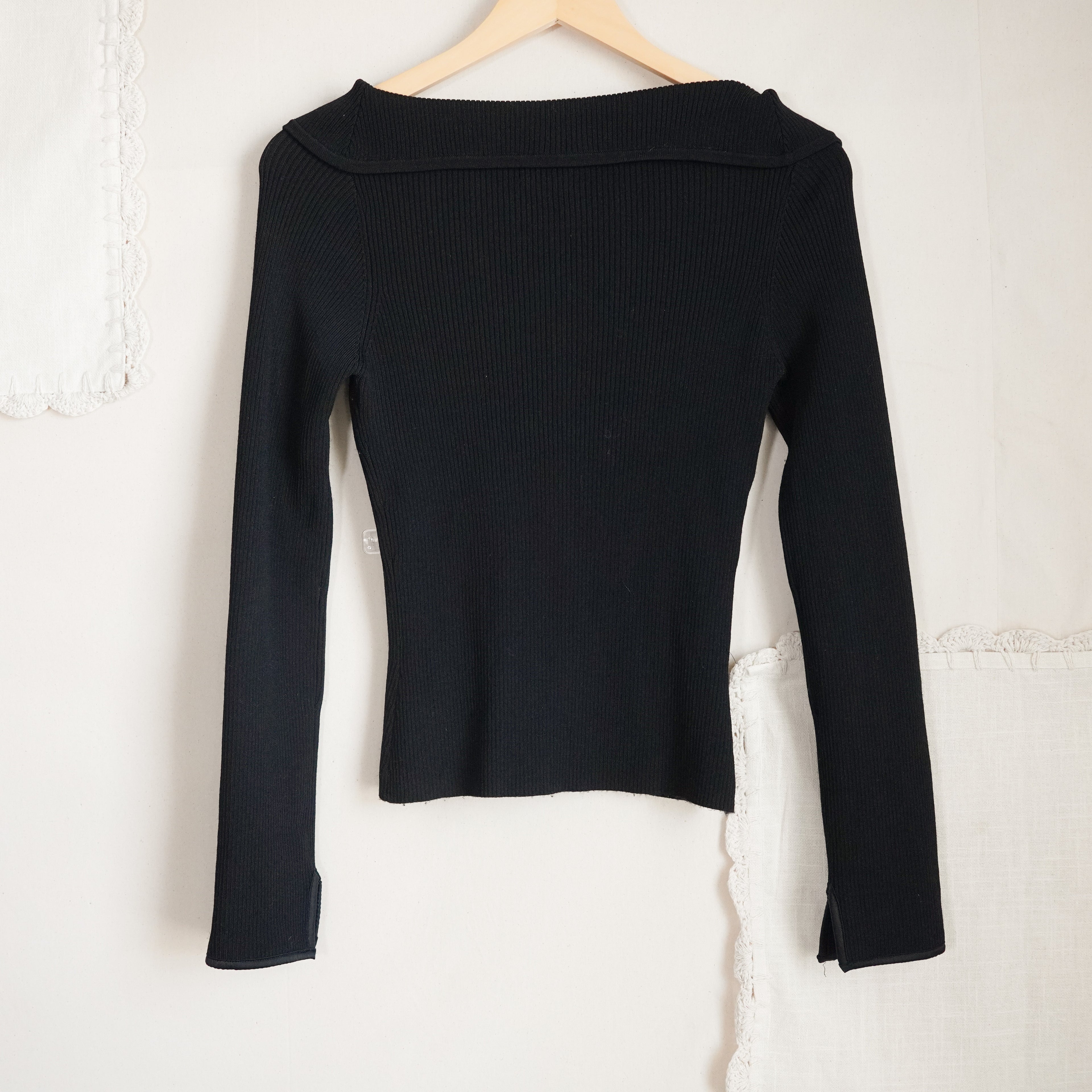 Y2K Cache Black Ribbed Knit Two Way Zip Wide Collar Fitted Cardigan Top S