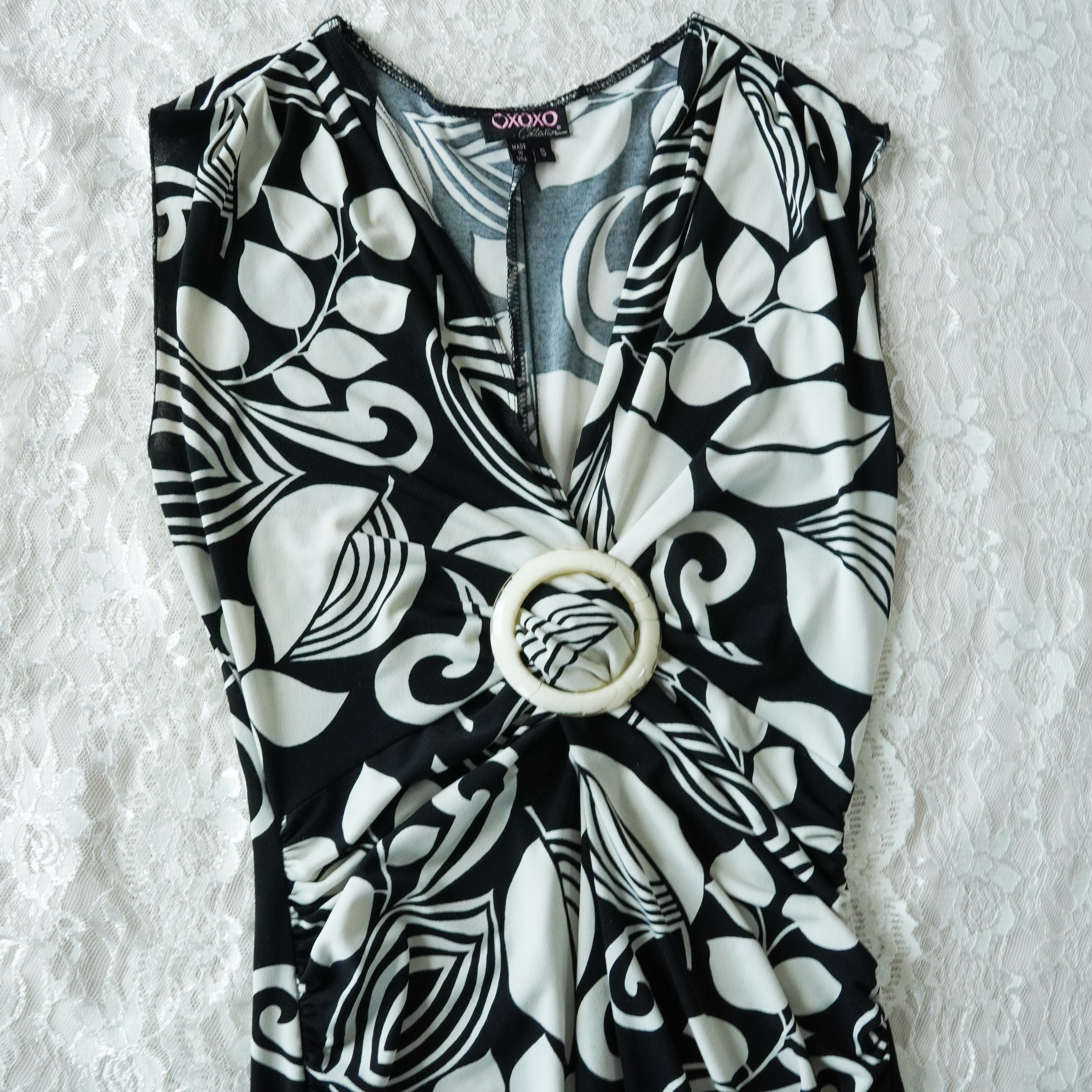 OXOXO Black & White Abstract Ring Accent Midi Dress | Made in USA | Size S