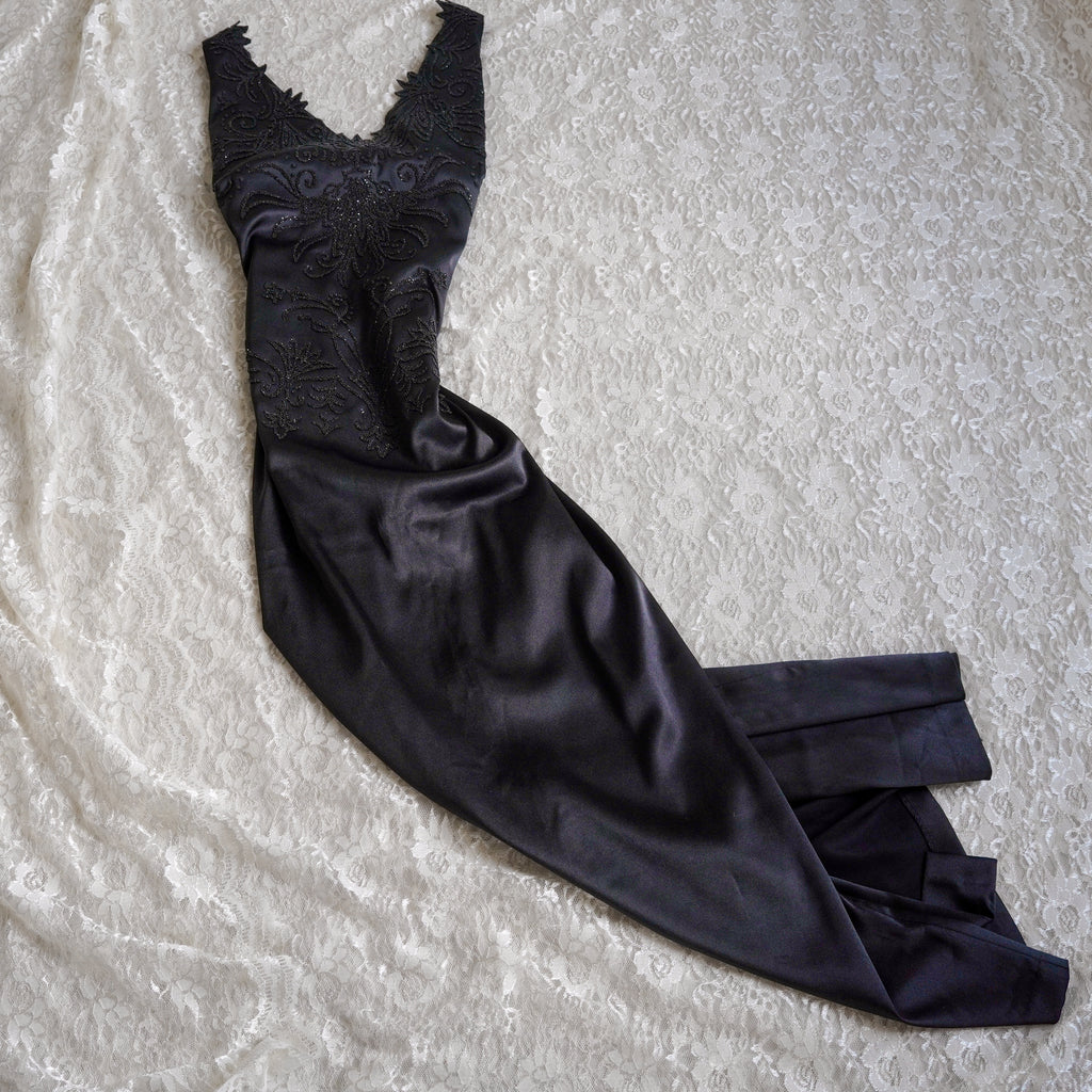 CDC Black Beaded Deep V Evening Gown