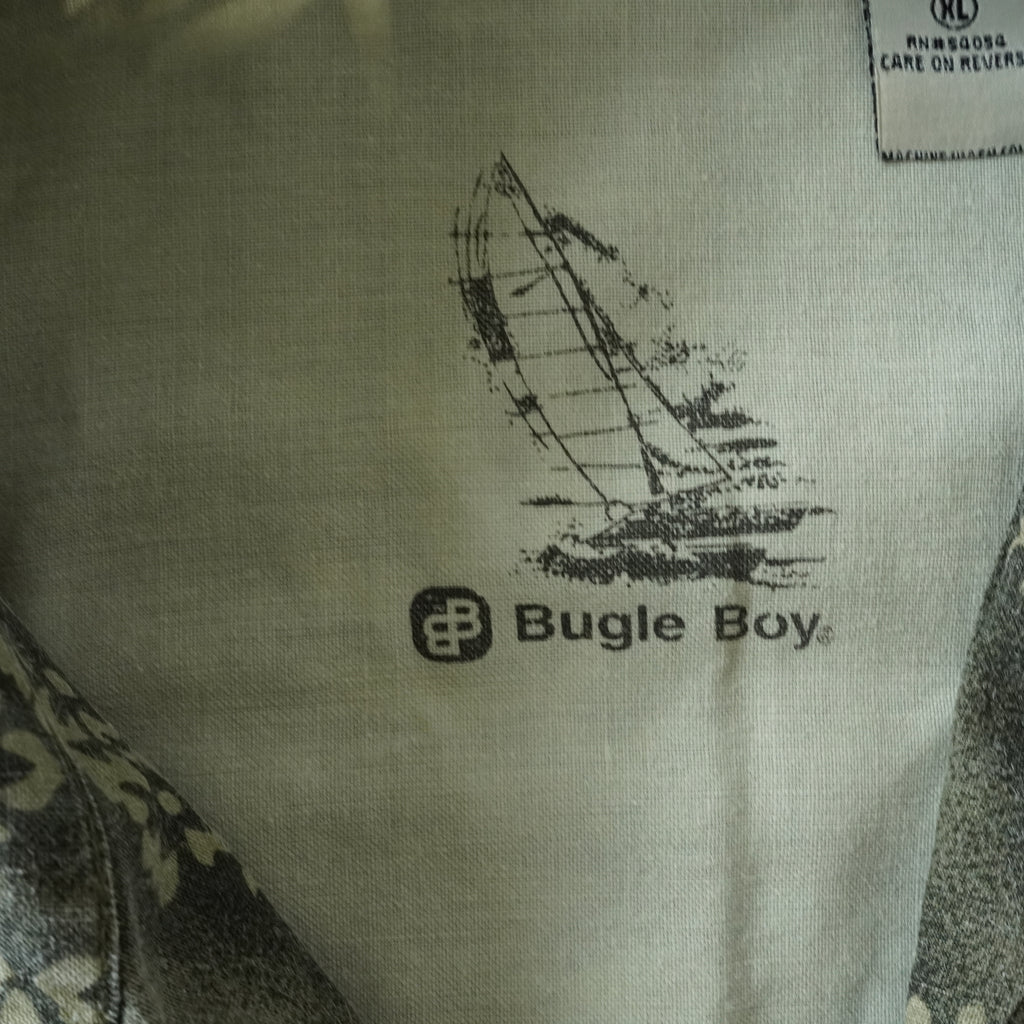 Vintage Bugle Boy Hawaiian Camp Shirt Gray Floral Ramie Cotton Button-Up | XL