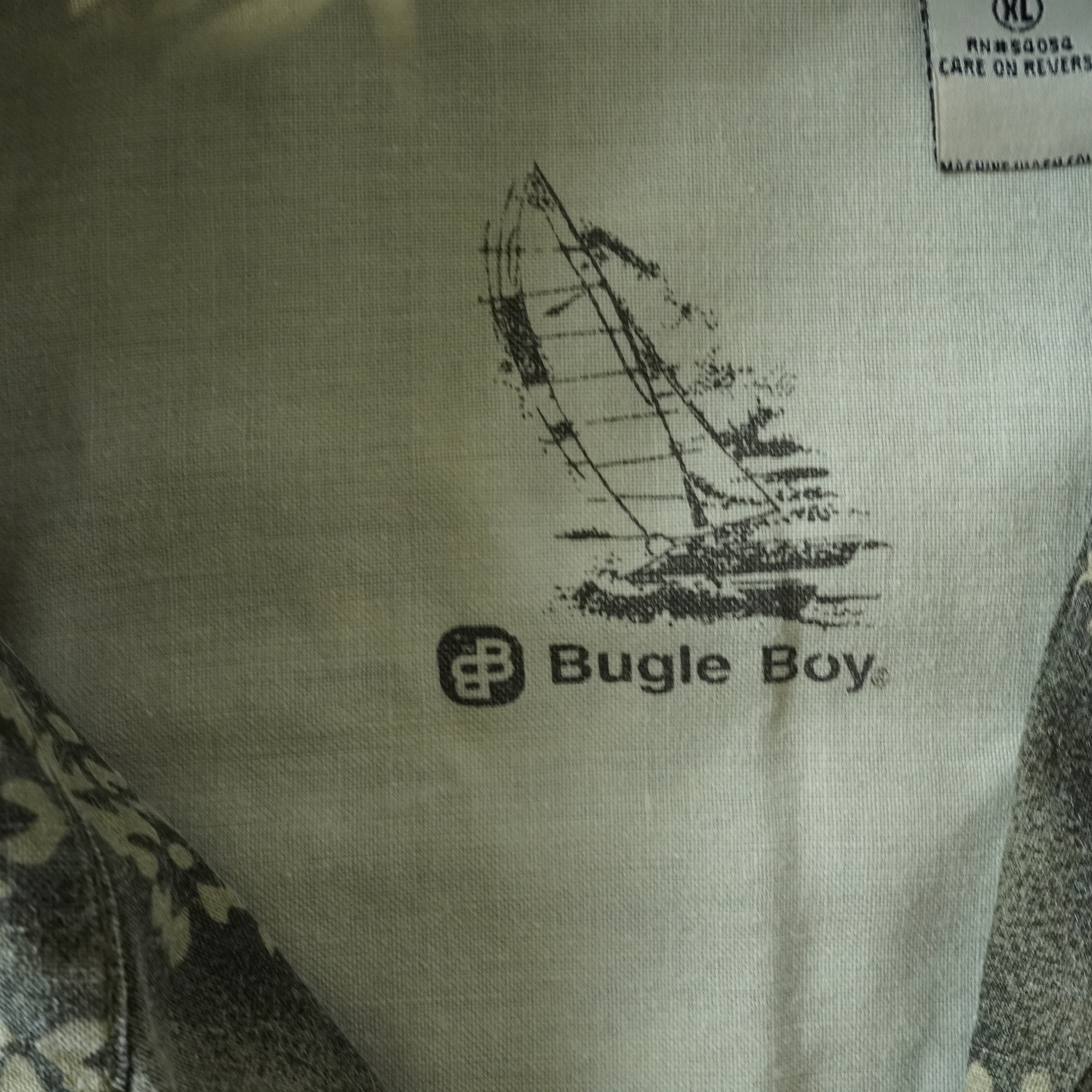 Vintage Bugle Boy Hawaiian Camp Shirt Gray Floral Ramie Cotton Button-Up | XL