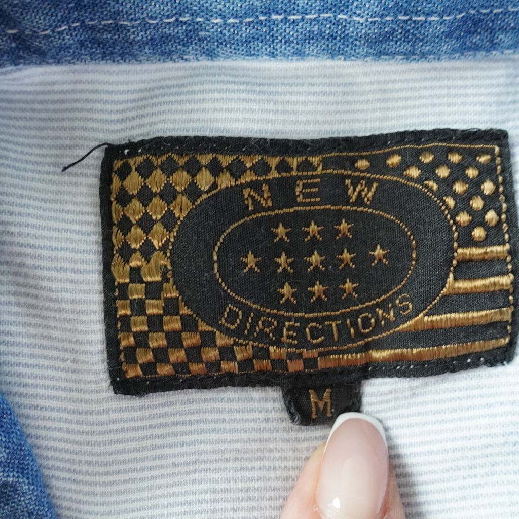 Vintage 90s New Directions Embroidered Patchwork Denim Collar Button-Up Shirt | Medium