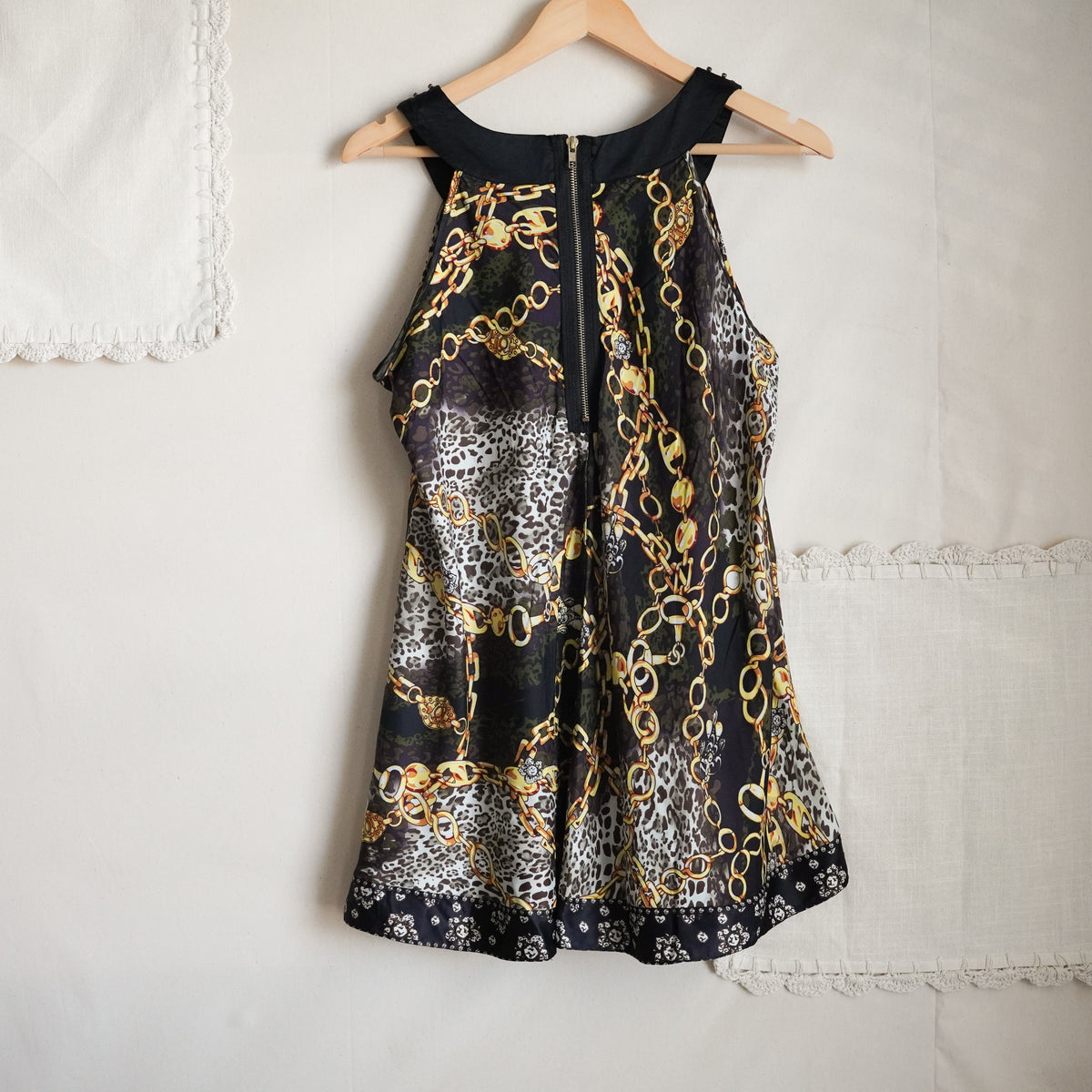 ECI New York Animal Print Gold Chain Jeweled Neck Top | Y2K | Size M