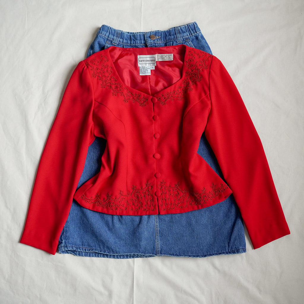 Vintage Karin Stevens Red Embroidered Cropped Jacket Blazer Size 6