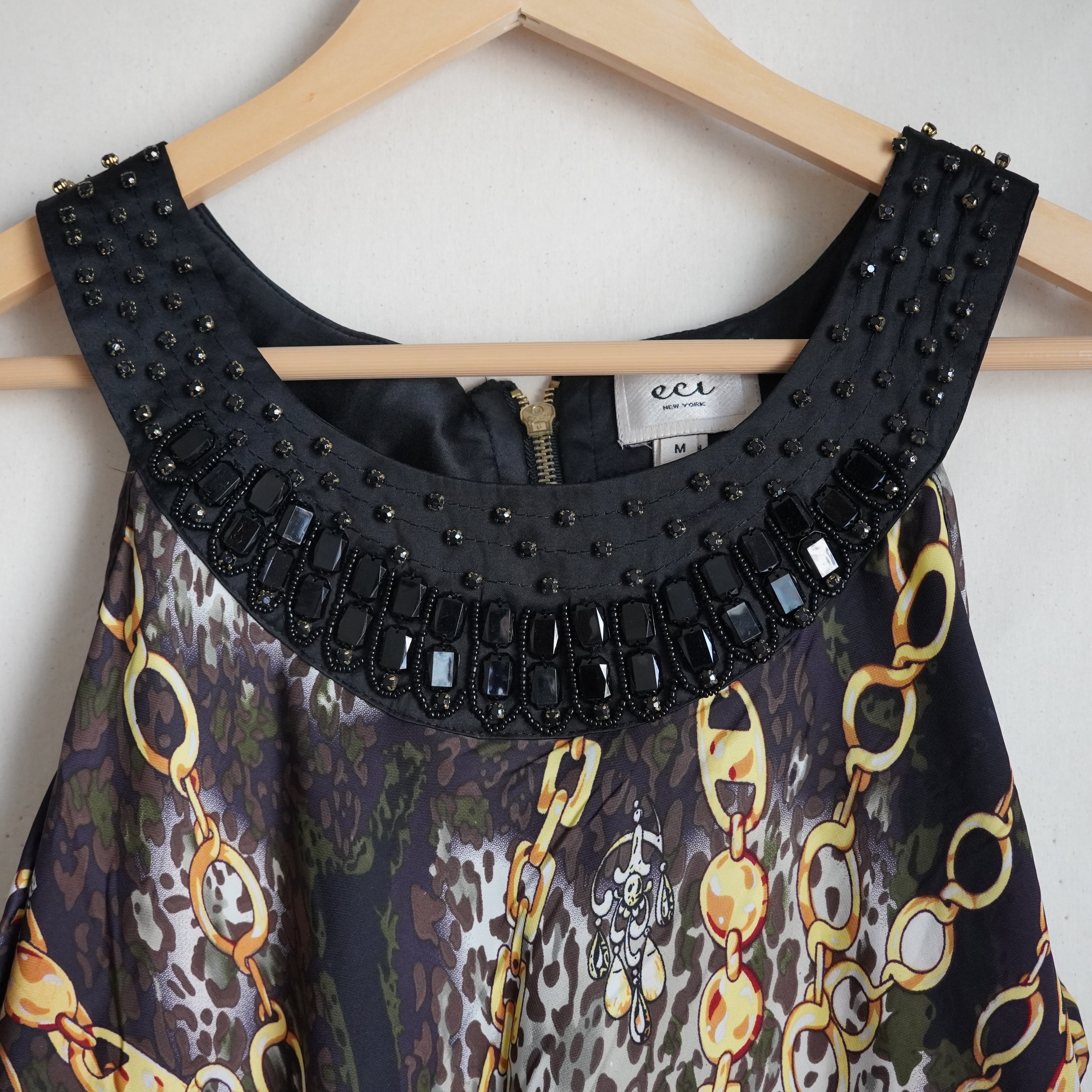 ECI New York Animal Print Gold Chain Jeweled Neck Top | Y2K | Size M