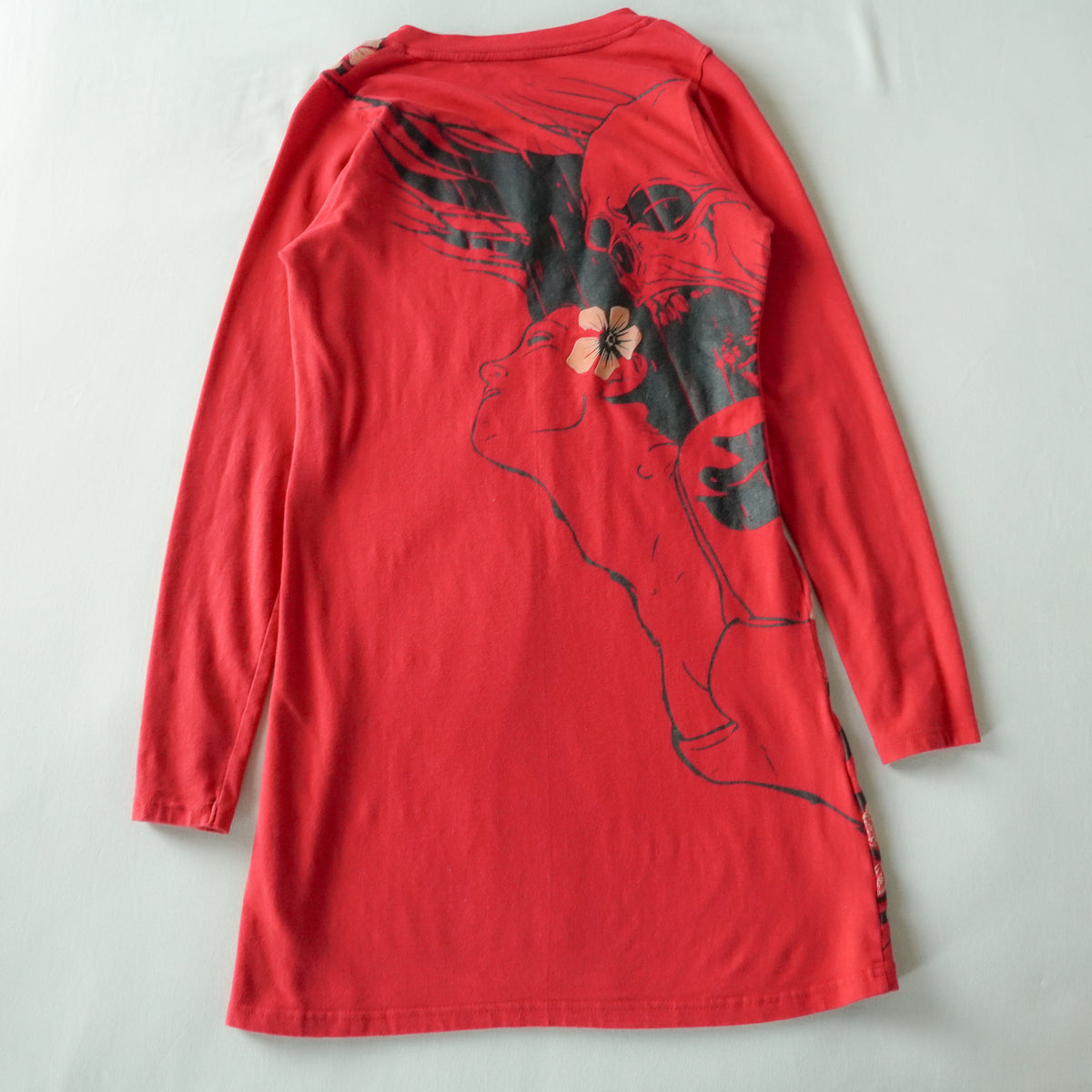 Y2K Blac Label Pink Red Skull Floral Graphic Long Sleeve Mini Dress M