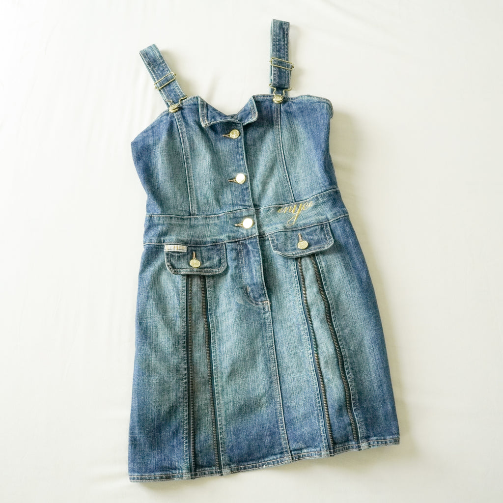 Enyce Denim Mini Dress Zip Pocket Strap Dress Blue