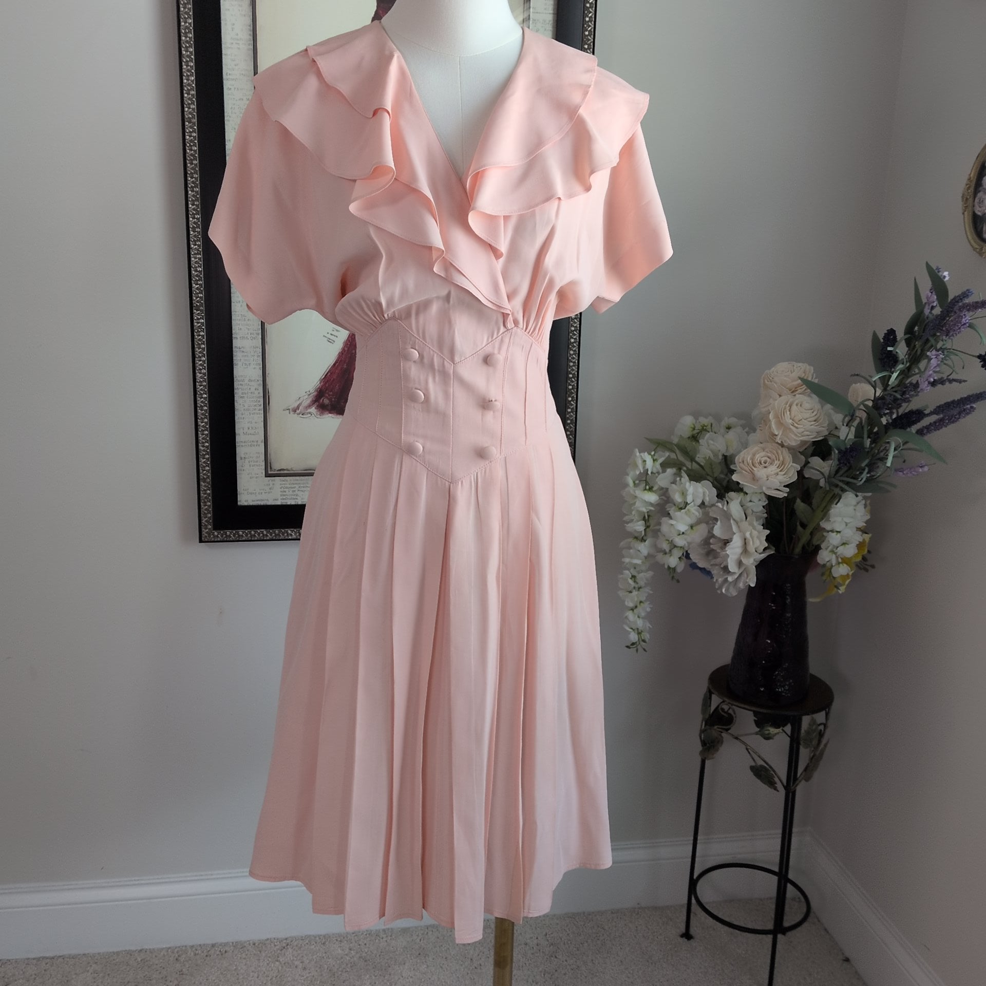 Nina Piccalino Blush Pink Ruffle Midi Dress | Vintage | Size Small