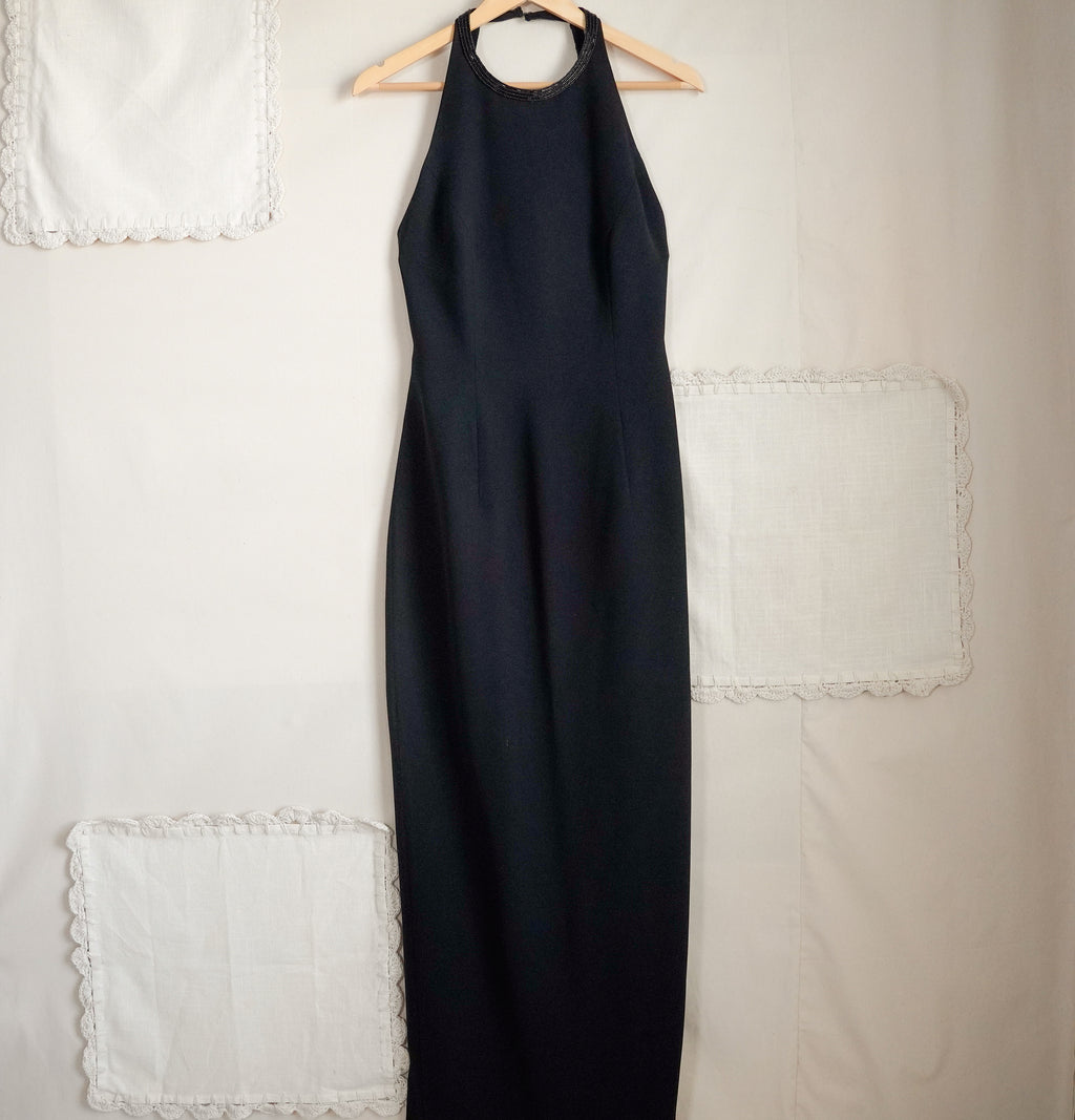 Caché Black Beaded Halter Evening Gown | Y2K | Size 8