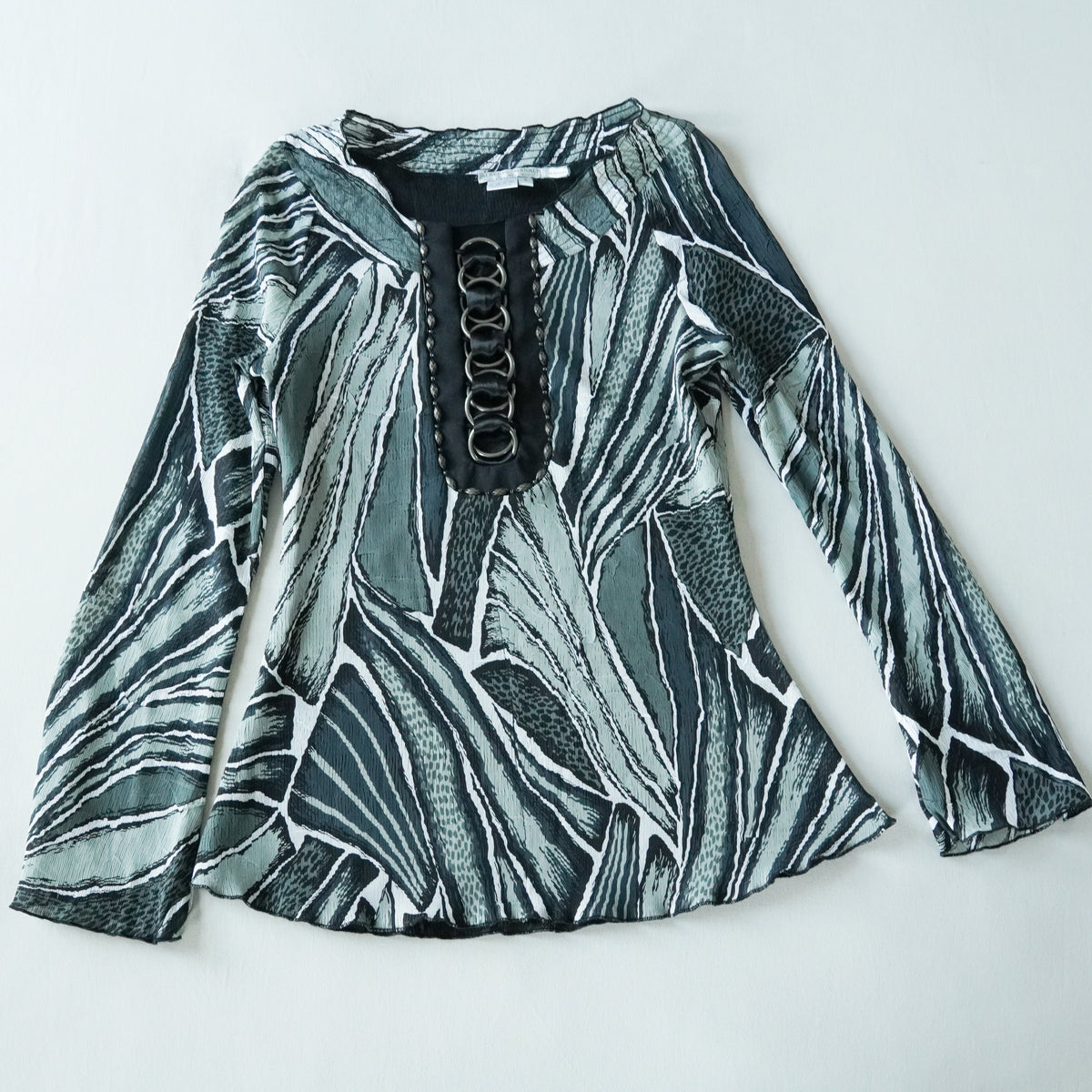 Alberto Makali Abstract Print Ring Detail Bell Sleeve Blouse | Y2K | Small