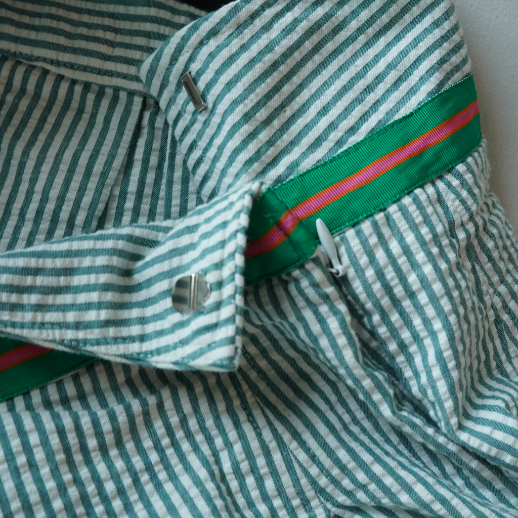 Vintage Y2K Express Seersucker Pleated Mini Skirt | Green Stripe | Size 2 | Made in USA